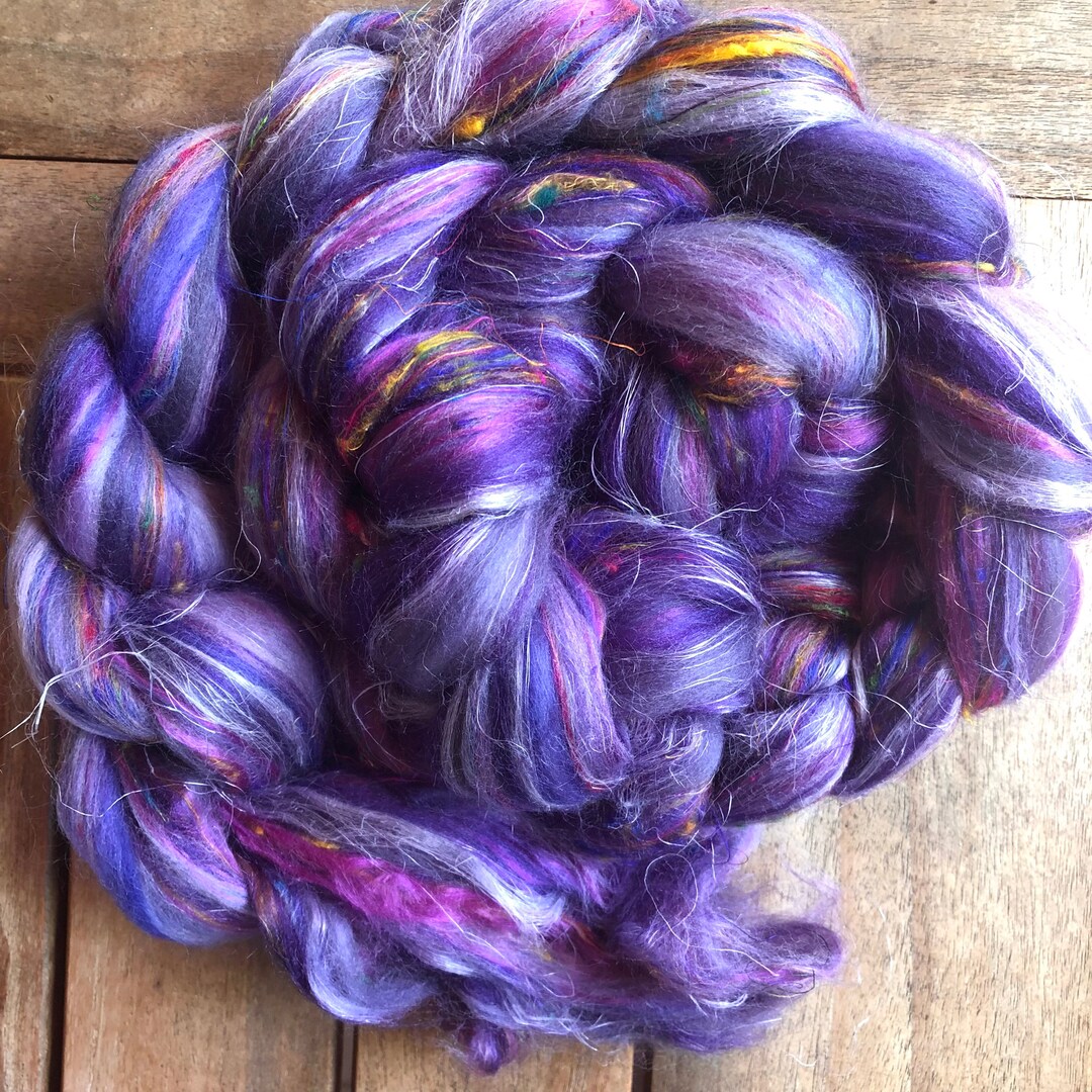 ROVING, Variegated Purple Merino Silk Roving, Fancy Violet Roving