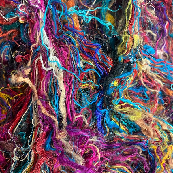 CHAOTIC SILK, Fiesta Sari silk waste,confetti Art batt threads,unicorn, rainbow string felting silk fiber,art yarn spinning fiber