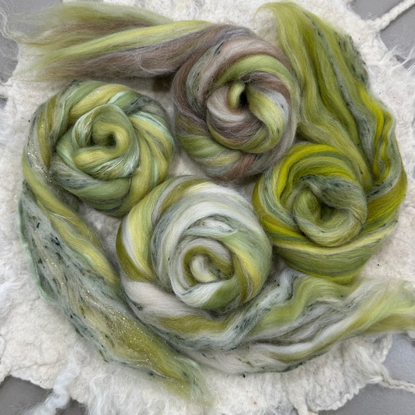 ROVINGS, Verde Collection, Choice of green rovings, Dyed exotic Spinning Roving, Green Felting Roving,19 micron Merino Alpaca Camel Roving