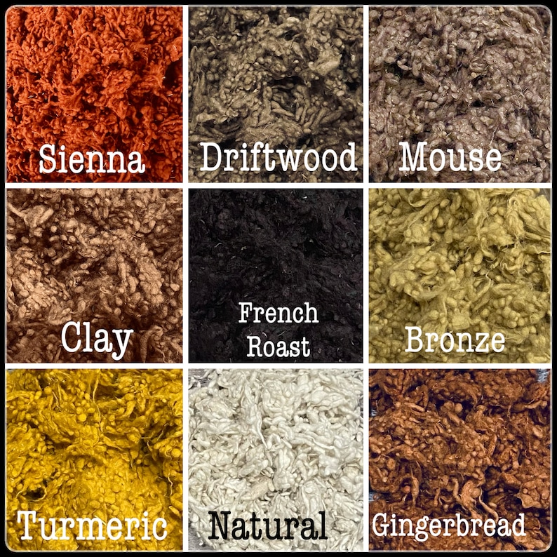 Puede incluir: Nueve colores diferentes de vell&oacute;n de lana, incluyendo Siena, Madera a la deriva, Rat&oacute;n, Arcilla, Tostado franc&eacute;s, Bronce, C&uacute;rcuma, Natural y Pan de jengibre.