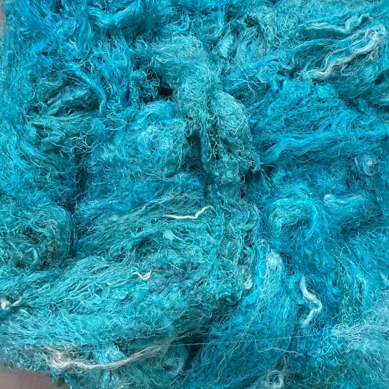 CHAOTIC SILK, turquoise Sari silk waste, Art batt carding threads, Wet felting fiber, art yarn spinning silk image 9