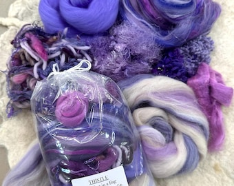 ART Batt Wet Felting Kit, Thistle Textural Fiber Bundle, Purple Merino Silk Spinning Carding Kit