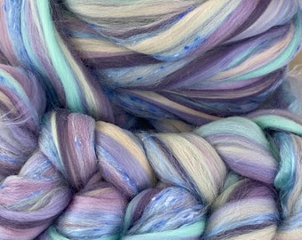 MONET ROVING, Pastel blue lavender 19 micron Merino silk combed top, Soft impressionist roving, felting roving, Spinning Batt, Bin 3