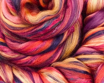 ROVING Moroccan Sunset roving, Orange Yellow Purple Combed top, Sunset spinning Roving, Wet felting silk wool Roving, spinning art Batt, 21