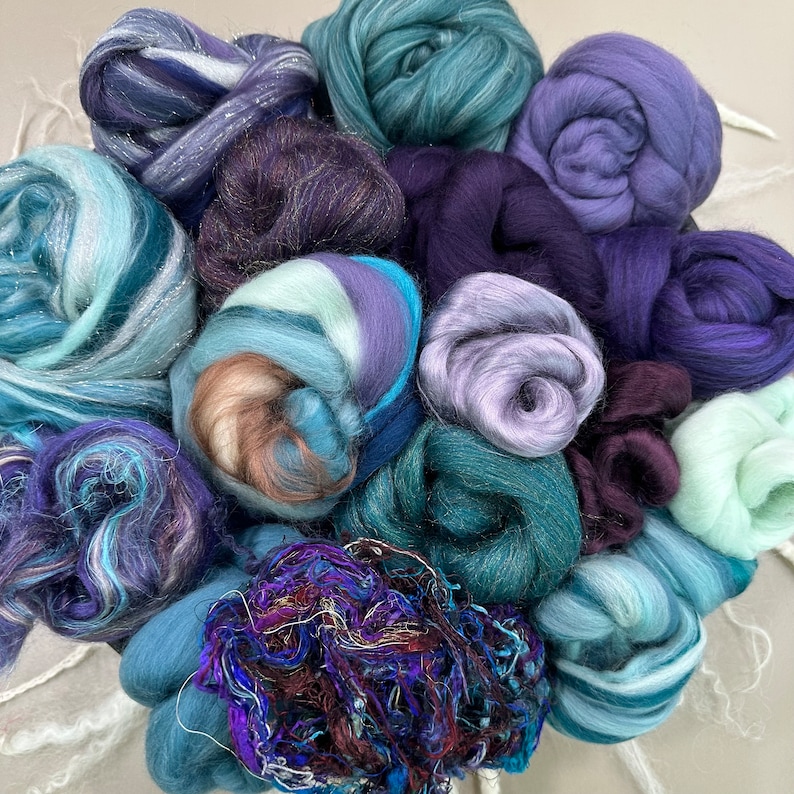 Patterns For Roving Yarn FIBER BUNDLE, Far and Away Teal Aubergine Roving Assortment, Art Batt ...
