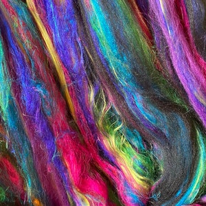 RAINBOW SILK Roving,”Silk Road",Merino Silk Roving,,Spinning roving,Unicorn Fiber,Fuchsia green blue ultraviolet silk,Nuno Wet Felting,124