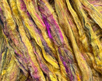 Hilo de seda para sari Girasol, desperdicio de seda para sari, seda rosa dorada, seda dorada azafrán, hilo para sari, seda para fieltrar con aguja, fibra para hilar, C-8