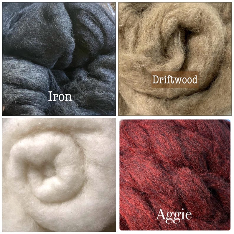May include: A four-part collage of raw wool fiber in different colors. The top left shows dark charcoal gray labeled Iron. The top right shows light tan labeled Driftwood. The bottom left shows white wool. The bottom right shows deep red labeled Aggie.