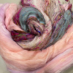 ART BATT DUO Surreal, Pair of Pink Blue Merino Silk Art Batt, Spinning batt, aqua pink Roving, Felting Fiber, Felt painting wool