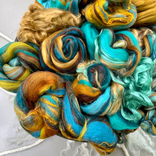 FIBER BUNDLE,“ Turquoise and Amber”,Art batt kit,Turquoise gold cream wool silk spinning fiber,Art yarn kit,nuno needle felting kit H-1