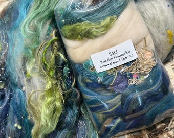 BALI Wet Felting Kit or Art Batt Kit, Textured Blue green Sparkle Fiber Bundle, Jewel Tone Gold Merino Silk Carding Fiber Art Assortment