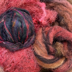 TEXTURE Bundle OOAK,  1.7 oz carding Felting wool silk, sari silk, hand dyed primitive roving, silk nest fiber, wet felting wool silk
