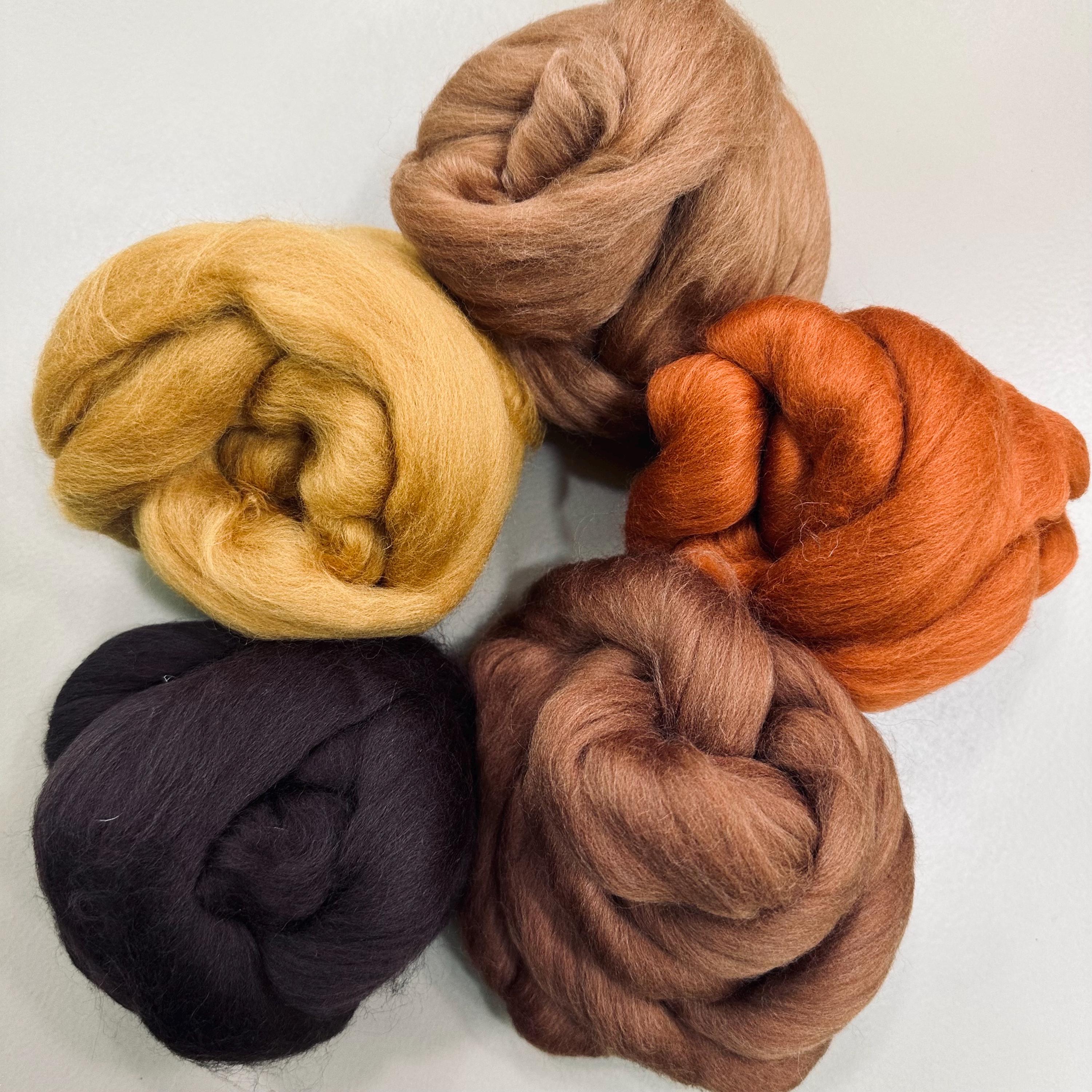 Woodsy Browns Bundle 5 color, 23 micron Merino Rovings, rust gold brown…