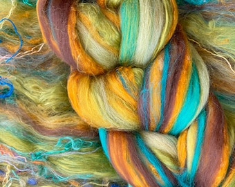 CLEARANCE ROVING Solstice, 19 micron Merino silk Spinning Roving,Felting Wool, weaving fiber, marigold aqua teal Roving, Bohemian Roving