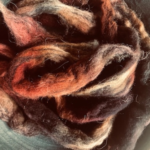 May include: A close-up of a pile of yarn in shades of brown, beige, and red. The yarn is soft and fluffy, and it appears to be hand-spun.