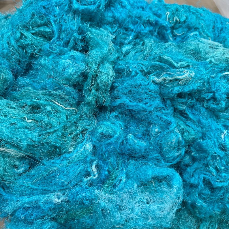CHAOTIC SILK, turquoise Sari silk waste, Art batt carding threads, Wet felting fiber, art yarn spinning silk image 8