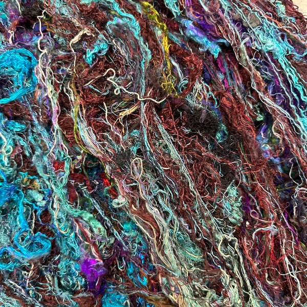 CHAOTIC SILK, "Canyon" silk waste scraps,Art batt texture threads,turquoise copper brown string,needle wet felting silk fiber,art yarn fiber