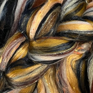 ROVING,”Fools Gold”,gold brown glitter roving,black amber Wool silk Roving,Spinning Wool,Felting Wool, Art Yarn Fiber,36