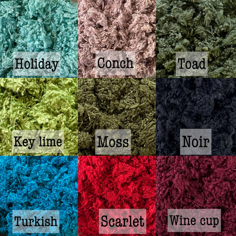 Puede incluir: Nueve colores diferentes de hilo, incluyendo Holiday, Conch, Toad, Key lime, Moss, Noir, Turkish, Scarlet y Wine cup.