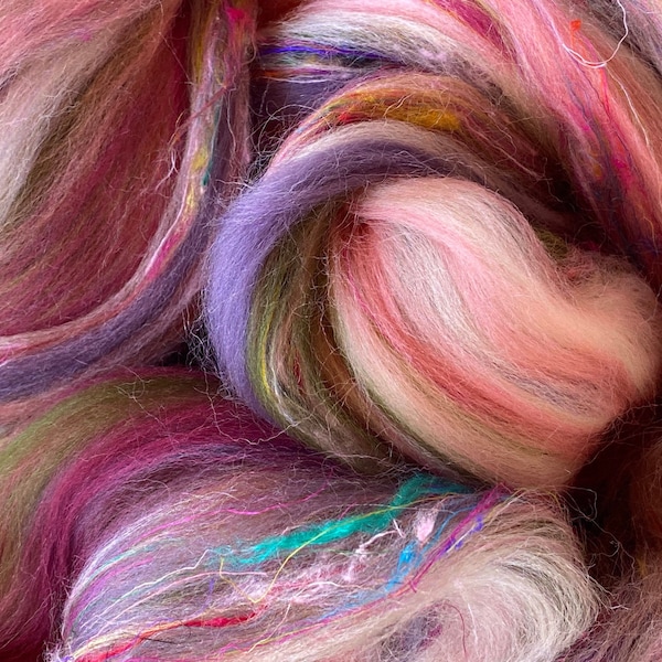 ROVING,"Bloom”,shades of pink, floral Roving,coral nuno Felting,Sage lavender Merino spinning Roving,Wool fiber,flowers spinning wool,34-A