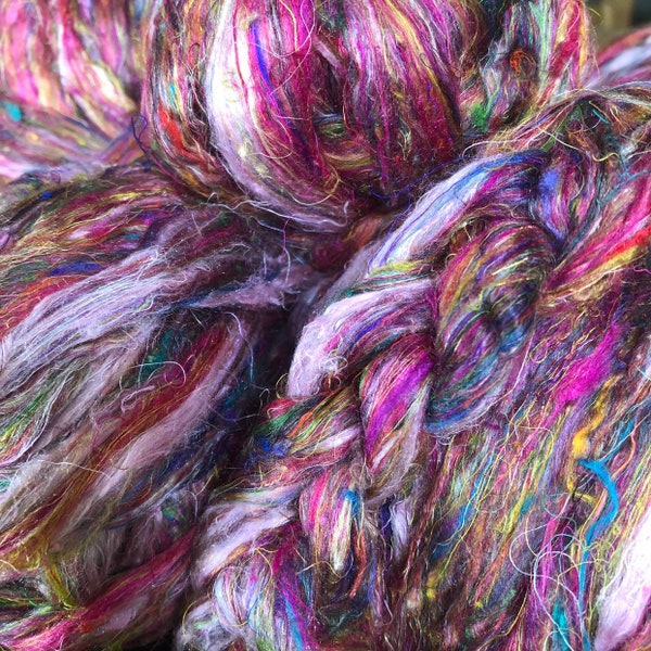 SARI SILK ROVING,"Wildflowers",Pink Sari silk waste,Nuno silk,unicorn fiber,pink silk sliver,needle felting silk, spinning fibre, C-7