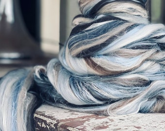WOOL ROVING, Lighthouse, Blue sable white roving, Merino silk roving, ocean felting roving, Wet felting combed top, spinning wool, BIG 3