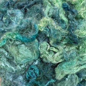 SARI CLOUDS Oceanic, Hand Dyed silk, blue green carding threads, silk batt fiber, wet felting silk, spinning nuno silk