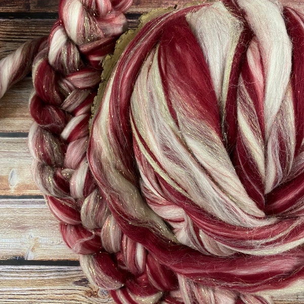 ROVING,“Ol’ Saint Nick”,Peppermint Christmas Roving,Crimson Red White Merino, Spinning Felting Fiber,santa elf garland Fiber, Bin 14