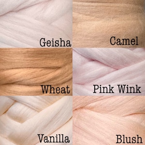 May include: Five different colors of fluffy yarn: Geisha, Camel, Wheat, Pink Wink, and Blush.