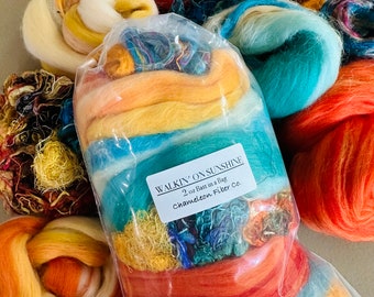 Wet felting Kit or DIY art Batt Kit, WALKIN' on SUNSHINE textured Fiber art Bundle, Summer Brights Merino Silk Carding Spinning Kit
