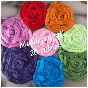 MULBERRY SILK  23 colors, Nuno felting silk top, spinning wet felting carding shiny silk roving, dyed cultivated silk F-5