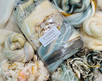 BUTTERMILK Wet Felting Kit or DIY Art Batt Kit, Textured Carding bundle,  Pastel Blue Cream and gold Merino Silk Fiber Arts Assortment