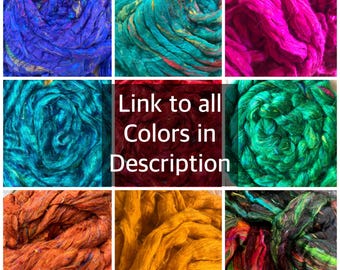 Puede incluir: Un collage de nueve cuadrados que muestran varios colores de hilo de cinta de seda texturizado. El cuadrado central presenta el texto Link to all Colors in Description. Los colores del hilo incluyen azul, verde azulado, magenta, verde oscuro, naranja y amarillo.