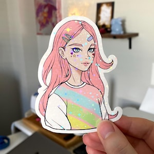 Sparkly Pink Gyaru Girl Sticker: Holographic Anime Decal
