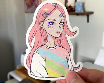 Sparkly Pink Gyaru Girl Sticker: Holographic Anime Decal