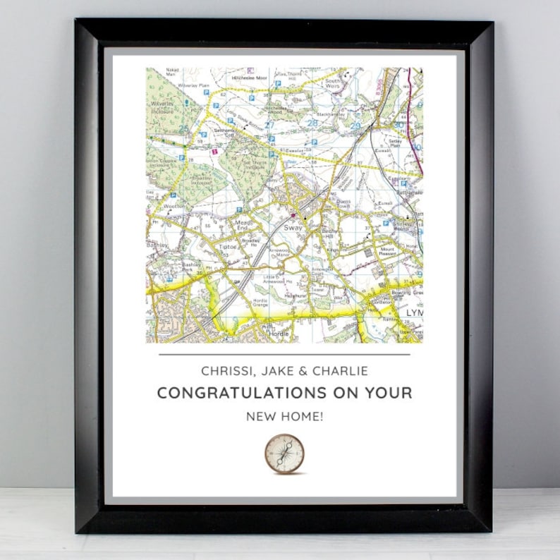 Personalised Photo Frame Present Day Map Compass Black Framed Poster Print