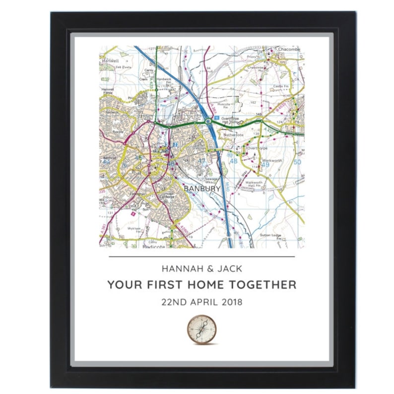 Personalised Photo Frame Present Day Map Compass Black Framed Poster Print