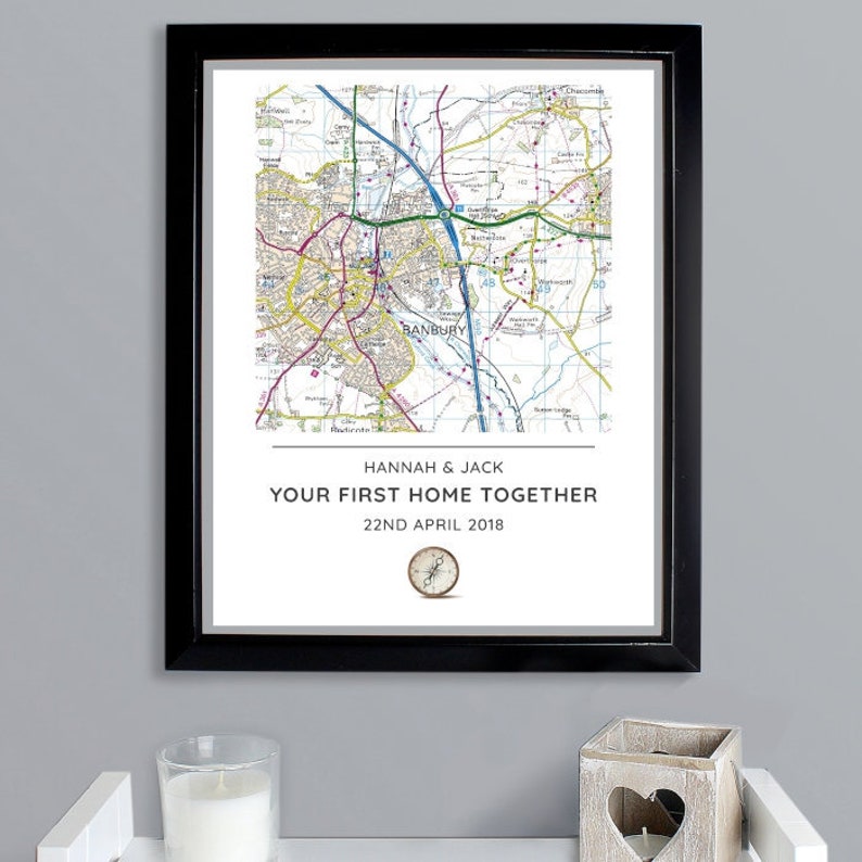 Personalised Photo Frame Present Day Map Compass Black Framed Poster Print