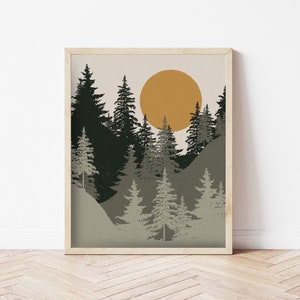 Moody PNW Evergreen Mountains and Forest at Sunset Art Print (8x10, 11x14, 16x20")