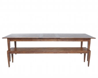 Mesa extensible de estilo rústico hecha a mano, modelo 807, con banco y acabado antiguo.