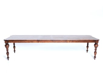 810 Handmade Solid Wood Farmhouse Extension Table, Antique Finish, Large Turned Legs