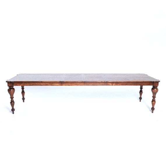 810 Handmade Solid Wood Farmhouse Extension Table, Antique Finish, Large Turned Legs