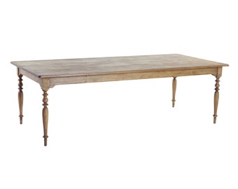 Mesa de granja hecha a mano, acabado rústico antiguo, patas torneadas, tamaños personalizados