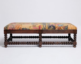 Barley Twist Ottoman, Custom Made, Traditional Upholstered Bench, Antique Finish