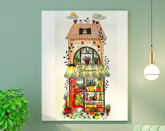 GERMANY Flower Shop Illustration, Florist Drawing, Blumen Shop, Flower Market, Germany Art, Floral Wall art, Watercolor Shop, Storefront art