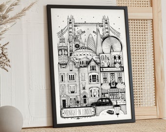 LONDON Black and white Wall Art, Illustration, Drawing, Print, Poster, Art Print, Modern line drawing, Big Ben, Tower Bridge