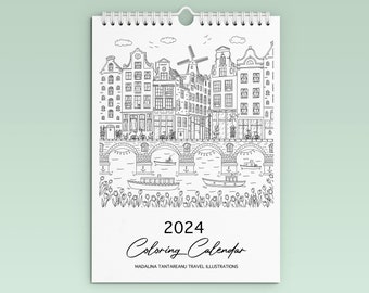 2024 Coloring Calendar A3, Wall Art, Illustrated Calendar, Black and white coloring pages, Coloring illustrations, Coloring wall calendar