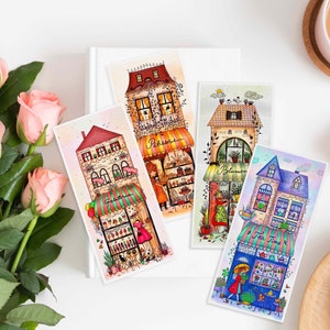 SET van 4 winkelpuien BLADWIJZERS Frankrijk, Duitsland, Italië, Engeland, aquarel bladwijzers, geïllustreerde bladwijzers leuke kaarten aquarel winkelpui