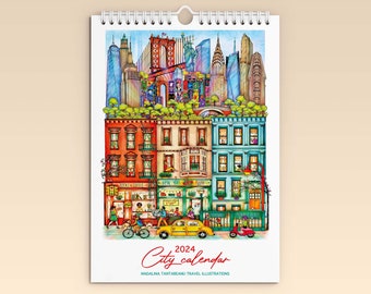 2024 City Calendar A3, Wall Art, Illustrated Calendar, Watercolor travel art, Wall art illustrations, Travel wall calendar, Gift, Art gift