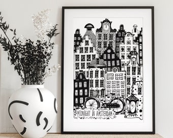 AMSTERDAM Black and white Illustration, Drawing, Black and white Print, Netherlands Wall Art, Poster, Fine Art Print, Amsterdam ink print